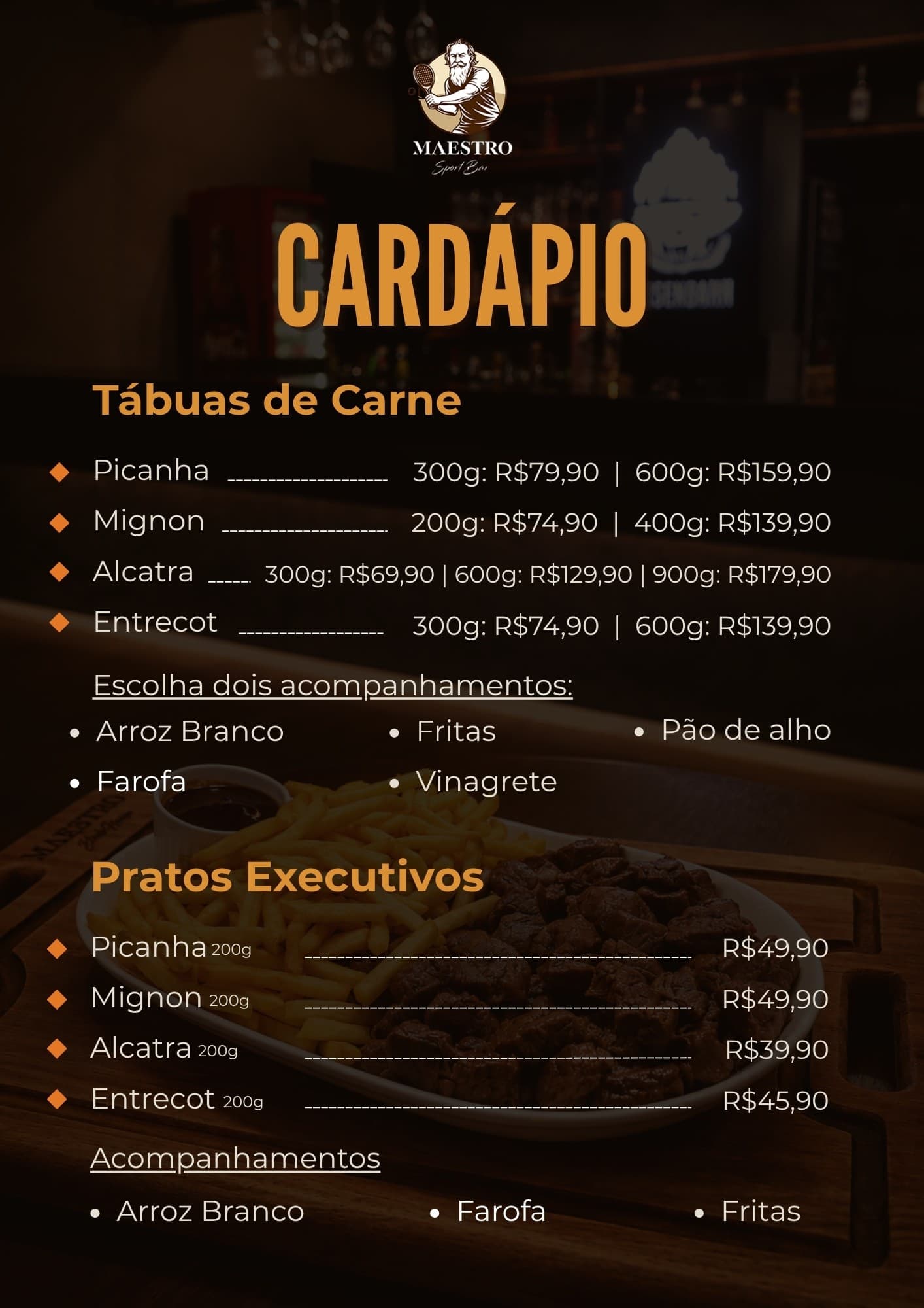 Cardápio Maestro Sport Bar — Tábuas de carne e pratos executivos