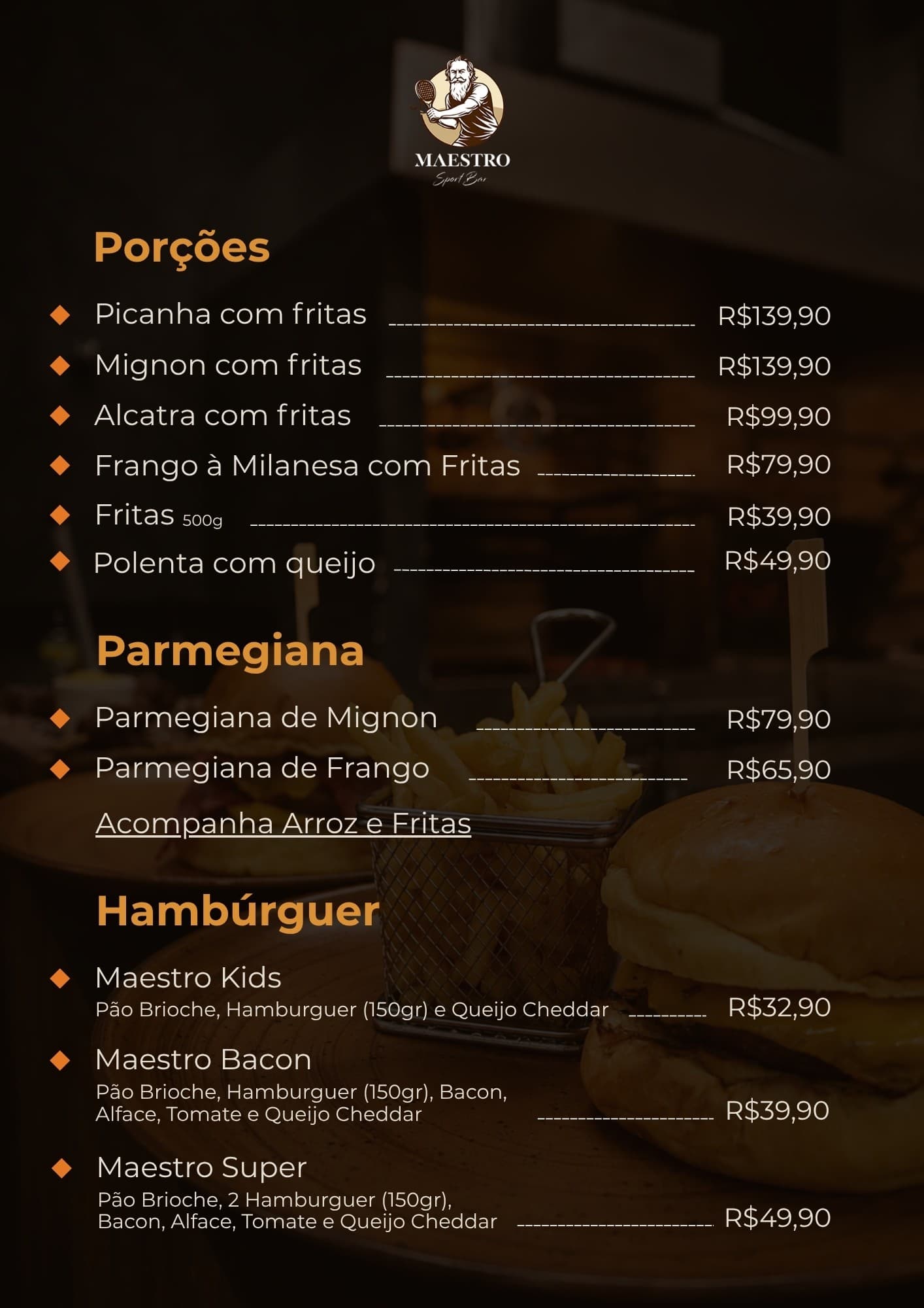 Cardápio Maestro Sport Bar — Porções, parmegiana e hambúrguer